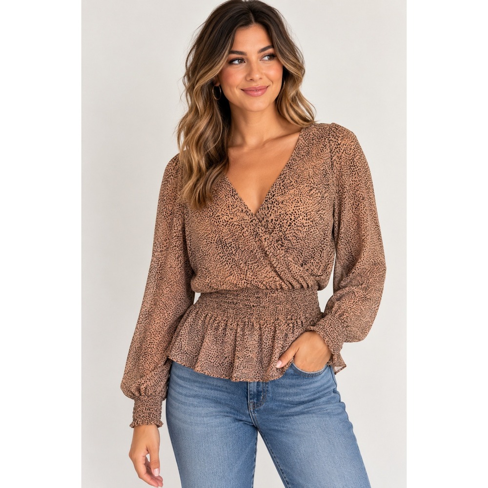 Japna Leopard Peplum Blouse Womens Large Boho Chic Smocked Waist Wrap Top